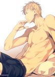  1boy abs bed blonde_hair boxers bulge kise_ryouta kuroko_no_basuke male_focus muscle nipples pecs short_hair solo topless underwear 