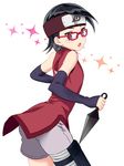  artist_request black_hair boruto:_the_movie detached_sleeves forehead_protector glasses kunai looking_back naruto open_mouth shorts solo thigh_holster uchiha_sarada weapon 