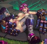  ass breasts candy fingering gauntlets goggles goggles_on_head league_of_legends lollipop looking_at_viewer masturbation mister-mediocre navel nipple_piercing nipples pink_hair pussy reclining short_hair side_cut smile solo stomach tattoo torn_legwear uncensored vi_(league_of_legends) 