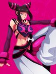  belt breasts eric_lowery gloves han_juri large_breasts looking_at_viewer midriff navel pink_background pink_eyes sitting smile sssonic2 street_fighter street_fighter_iv 