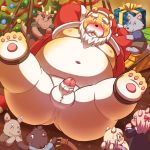  2016 anthro balls belly black_nose blush bound canid canine canis christmas clothing cute_fangs dragon erection eyes_closed female group holidays humanoid_hands humanoid_penis lako male male_focus mammal moobs navel nipples overweight overweight_male penis shirt shorts ursid wolf young 