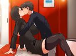  1boy 1girl age_difference arm_support black_hair breasts business_suit clothed_sex copyright_request eyes_closed incest indoors kiss large_breasts long_hair milf sex short_hair sitting skirt spread_legs thighhighs tsuboya zettai_ryouiki 
