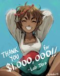  1girl ajna_(indivisible) arms_behind_head arms_up brown_eyes brown_hair dark_skin english eyes_closed happy indivisible mariel_cartwright smile text 