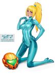  blonde_hair blue_eyes bodysuit cameltoe erect_nipples hand_on_hip headwear_removed helmet helmet_removed kano-kun looking_at_viewer metroid parted_lips ponytail samus_aran smile solo 