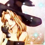  bare_shoulders blonde_hair deneb_rove design dress glass_pumpkin gloves hair_intakes hat holding_pumpkin laylah_(artist) lips long_hair looking_at_viewer patterned_background pumpkin purple_dress purple_gloves purple_hat red_eyes smile solo sparkle strapless strapless_dress tactics_ogre upper_body witch witch_hat 