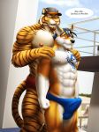  2019 abs alty anthro barely_contained biceps black_nose blue_eyes blue_hair blush bulge canid canine clothing coach_night dialogue dream_and_nightmare duo english_text erection erection_under_clothes facial_hair felid fox fur hair inner_ear_fluff male male/male mammal muscular muscular_male night_(dream_and_nightmare) nipples open_mouth orange_fur outside pantherine pink_nose public scar short_hair shy size_difference speedo standing student swimsuit tattoo teacher teacher_and_student teeth text tiger tongue yellow_eyes 