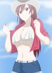  1girl bikini black_eyes breasts cleavage erza_scarlet fairy_tail female happy hat kunaix large_breasts long_hair open_clothes red_hair shirt smile solo standing swimsuit undressing western 