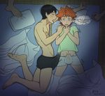  2boys anma black_hair blush bulge drooling haikyuu!! hinata_shouyou kageyama_tobio male_focus multiple_boys orange_hair saliva short_hair sleeping translated uncensored underwear yaoi 