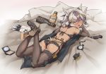  1girl animal_ears ass black_bra black_gloves black_hair black_legwear black_panties blanket blush bottle bra dark_skin elbow_gloves erect_nipples eyebrows_visible_through_hair flat_chest full_body garter_belt gloves grey_hair high_heels highres jackal_(warship_girls_r) jackal_ears lying multicolored_hair nose_blush on_stomach open_mouth panties pillow pocket_watch silver_eyes sirills solo thighhighs two-tone_hair underwear warship_girls_r watch 