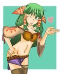  bangs blue_eyes breasts creature earrings feena_(grandia) grandia grandia_i green_eyes green_hair hair_ornament hair_tubes hat jewelry long_hair low-tied_long_hair midriff necklace open_mouth purple_hair shorts striped striped_legwear t_shatsu thighhighs wide_sleeves 