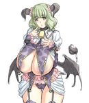  1girl bell black_panties breasts collar cow_tail demon_wings detached_sleeves female garter_straps gigantic_breasts green_eyes green_hair horns magaki_ryouta miniskirt minotaur monster_girl original panties sagging_breasts simple_background skirt solo standing succubus tail thigh_gap underwear white_background wings 