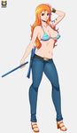  bikini_top breasts cleavage denim high_heels jeans kyoffie large_breasts lips lipstick long_hair makeup nami_(one_piece) one_piece orange_hair pants smile tattoo 
