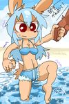  artist_request blue_hair bunny hand_holding imouchi_sutan long_hair ocean red_eyes swimsuit 