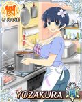  apron blue_eyes blue_hair bowl_cut breasts card_(medium) character_name cooking emblem flower food hair_flower hair_ornament happy indoors kitchen large_breasts meat official_art open_mouth pants pot senran_kagura senran_kagura_new_wave shirt short_hair solo stirring stove t-shirt yaegashi_nan yozakura_(senran_kagura) 