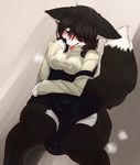  black_hair blue_eyes chipar copyright_request fox furry long_hair one_eye_closed open_mouth thighhighs tongue 