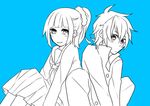  1boy 1girl blue_background blush caius_qualls dress hanamoto_chika jacket monochrome pants ponytail rubia_natwick school_uniform short_hair smile tales_of_(series) tales_of_the_tempest 