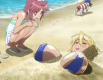  2girls age_difference beach bikini blonde_hair blush breasts buried clam dog eyes_closed feet female highschool_of_the_dead huge_breasts large_breasts maresato_alice marikawa_shizuka multiple_girls open_mouth screencap short_hair smile stitched swimsuit 