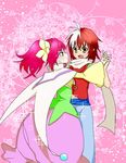  1boy 1girl blush brown_eyes brown_hair caius_qualls dress flower green_eyes long_hair midriff multicolored_hair open_mouth pants pink_background pink_hair ponytail rubia_natwick scarf short_hair tales_of_(series) tales_of_the_tempest 