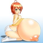  1girl areolae blush breast_rest breasts breasts_outside brown_hair female from_side gigantic_breasts huge_nipples kazuu_(pixiv) kneeling large_areolae legwear looking_at_viewer nipples open_mouth panties puffy_nipples shiny_skin short_hair solo thighs underwear yellow_eyes 