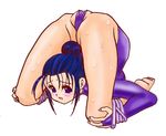  1girl arched_back barefoot blue_hair chest_stand flexible full_body kneeling looking_at_viewer open_mouth purple_eyes sawano_kiyoshi simple_background solo sweat tagme tears white_background 