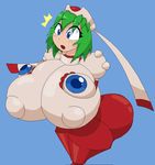  1girl blue_eyes breasts gigantic_breasts green_hair mischief_makers robot_girl 