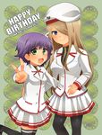  2girls beret birthday blue_eyes blue_hair blush breasts brown_hair corpse_party fang green_eyes hair_ornament hair_over_one_eye happy_birthday hat kobayashi_ran large_breasts long_hair multiple_girls open_mouth oyazineko pantyhose school_uniform short_hair small_breasts smile takai_azusa thighhighs v 