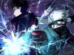  2boys black_hair flak_jacket forehead_protector grey_hair half_mask hatake_kakashi konohagakure_symbol mask matsunaka_hiro multiple_boys naruto naruto_shippuuden rinnegan sharingan silver_hair uchiha_obito white_hair 