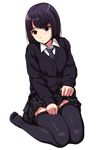  black_hair black_legwear brown_eyes eyebrows_visible_through_hair full_body highres matsunaga_kouyou necktie original panties pantyhose pantyhose_pull pantyshot plaid plaid_skirt school_uniform short_hair simple_background sitting skirt skirt_lift solo underwear uniform wariza white_background 