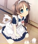  1girl blue_eyes blush broken brown_hair cup cura feet flat_(company) kneeling maid maid_headdress monobeno no_shoes sawai_natsuha solo thighhighs white_legwear 