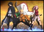  2boys big.g black_hair blonde_hair cape cloak facial_mark forehead_mark haruno_sakura looking_at_viewer multiple_boys naruto pink_hair spiked_hair sword uchiha_sasuke uzumaki_naruto whiskers 