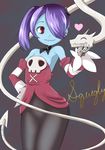  1girl bare_shoulders blue_skin breasts detached_collar detached_sleeves hair_over_one_eye ju_(old505) leviathan_(skullgirls) side_ponytail skullgirls smile squigly_(skullgirls) stitched_mouth stitches striped_sleeves zombie 