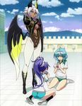  3girls ass back blue_hair breasts dark_skin drinking highres horns large_breasts long_hair multiple_girls nonaka_kurumi nonaka_yuki ponytail purple_hair shinmai_maou_no_testament short_hair shorts sitting standing stitched white_hair wings zest 