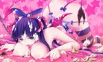  1girl bare_shoulders bat_wings bow breasts chains clumeal horns large_breasts multicolored_hair nipples panty_&amp;_stocking_with_garterbelt ribbon stocking_(psg) striped_legwear tail thighhighs wings 
