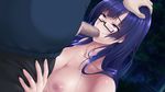  1girl areolae blush breasts censored clothed_male_nude_female eigyoubu_dai_4-ka_mesubuta_choukyou_shiikukakari fellatio game_cg glasses hand_on_head highres large_breasts long_hair looking_up monpuchi mosaic_censoring nipples nude oral penis purple_eyes purple_hair solo_focus standing 