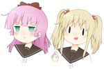  2girls :t bad_id bafarin bangs blonde_hair blush bow cosplay green_eyes hair_bobbles hair_bow hair_ornament multiple_girls pink_hair school_uniform serafuku simple_background toshinou_kyouko twintails white_background yoshikawa_chinatsu yuru_yuri 