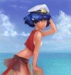  alternate_headwear arm_up bad_id bad_pixiv_id bandeau bare_shoulders blue_eyes blue_hair bob_cut cloud day earrings furuhashi_mihiro fushigi_no_umi_no_nadia hair_ornament hairclip hat jewelry loincloth looking_back midriff nadia neck_ring ocean outdoors peaked_cap pelvic_curtain railing short_hair sky smile solo strapless tan tubetop vest 