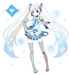  8055 alternate_color alternate_hair_color detached_sleeves hatsune_miku headset legs long_hair necktie patterned skirt smile snowflakes solo thighhighs twintails very_long_hair vocaloid white_hair yuki_miku zettai_ryouiki 