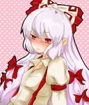  bad_id bad_pixiv_id collarbone fujiwara_no_mokou long_hair low-tied_long_hair multi-tied_hair polka_dot polka_dot_background red_eyes shaded_face silver_hair simple_background solo suspenders touhou upper_body zawameki 