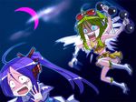  1girl ahoge angry boots caffein constricted_pupils crazy crescent_moon dumbbell goggles goggles_on_head green_hair gumi kamui_gakupo long_hair moon pale_eye ponytail purple_hair scared shaded_face sharp_teeth short_hair skirt tears teeth vocaloid 