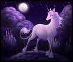  dolphy fantasy full_moon horns looking_back moon moonlight nature night night_sky no_humans purple silver_hair sky standing the_last_unicorn the_unicorn_(the_last_unicorn) tree unicorn 