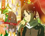  amasawa_yuuko beard bell bread brown_eyes brown_hair christmas christmas_ornaments christmas_stocking christmas_tree dennou_coil eating english facial_hair food gift glasses hajime_(caramel_toone) melon_bread merry_christmas multiple_girls open_mouth santa_claus smile solo_focus star twintails upper_body 