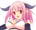 47agdragon bare_shoulders bra breasts cleavage elbow_gloves fangs gloves highres horns large_breasts long_hair open_mouth pink_hair pixiv_fantasia pixiv_fantasia_4 pointy_ears red_eyes smile solo transparent_background underwear upper_body 