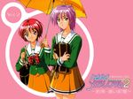  90s album_cover bag blue_eyes bow cover green_eyes green_shirt hibikino_high_school_uniform hinomoto_hikari kokura_masashi mole mole_under_eye multiple_girls official_art open_mouth orange_skirt pleated_skirt purple_hair red_hair scan school_bag school_uniform shirt short_hair skirt smile tokimeki_memorial tokimeki_memorial_2 umbrella wet wet_clothes yae_kaori 