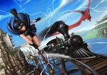  aerial_battle battle broom brown_hair dragon goggles ground_vehicle highres lightning locomotive okita original racing short_hair solo steam_locomotive train wand witch 