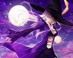  bad_id bad_pixiv_id breasts cleavage feathers green_eyes hat hat_feather mabinogi medium_breasts moon navel nishiwaki_yuuri silver_hair solo staff weapon witch witch_hat 