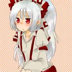  alternate_hairstyle bad_id bad_pixiv_id blush bow fujiwara_no_mokou hair_bow long_hair red_eyes silver_hair solo suspenders touhou zawameki 