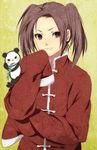  axis_powers_hetalia bad_id bad_pixiv_id brown_hair china_(hetalia) chinese_clothes grin long_sleeves noro_(king) oversized_clothes panda purple_eyes sleeves_past_fingers sleeves_past_wrists smile solo 