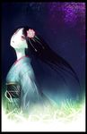  black_hair copyright_request flower glowing grass hair_ornament highres ichinii japanese_clothes pale_skin purple_eyes solo 