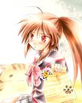  bag bow brown_hair cat doruji little_busters! long_hair lowres natsume_rin pink_bow ponytail red_eyes school_uniform scp solo 