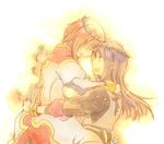  1girl black_hair bracelet couple estellise_sidos_heurassein gloves hetero hug jewelry pink_hair smile takana tales_of_(series) tales_of_vesperia yuri_lowell 